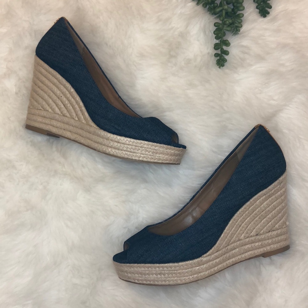VGUC size 7.5 Coach Blaine Denim Peep Toe Wedges!